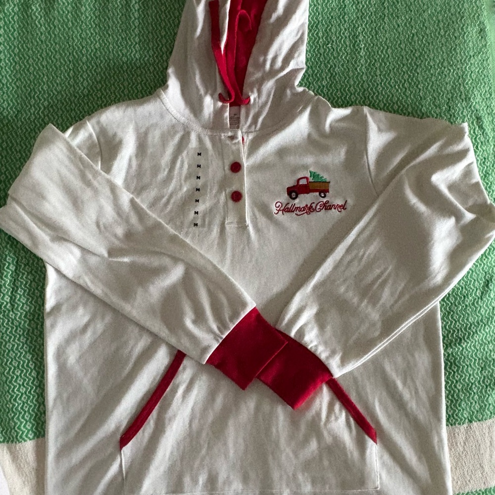 White and Red Hallmark Channel Hooded Sweatshirt with Embroidery